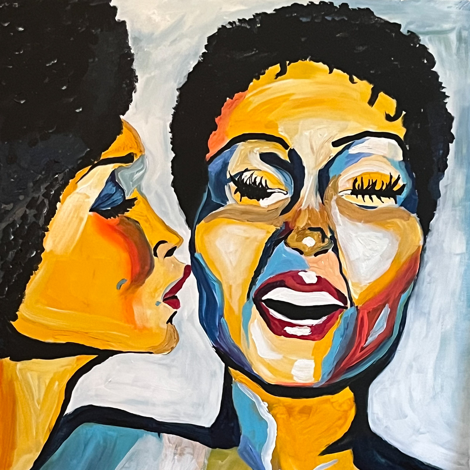 Painting of one woman speaking to another